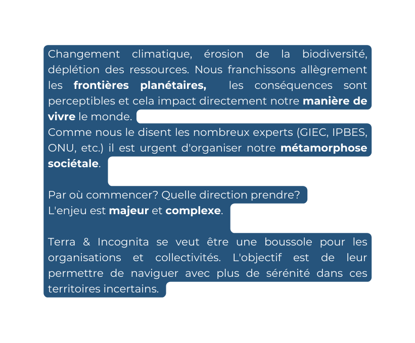 Changement climatique érosion de la biodiversité déplétion des ressources Nous franchissons allègrement les frontières planétaires les conséquences sont perceptibles et cela impact directement notre manière de vivre le monde Comme nous le disent les nombreux experts GIEC IPBES ONU etc il est urgent d organiser notre métamorphose sociétale Par où commencer Quelle direction prendre L enjeu est majeur et complexe Terra Incognita se veut être une boussole pour les organisations et collectivités L objectif est de leur permettre de naviguer avec plus de sérénité dans ces territoires incertains